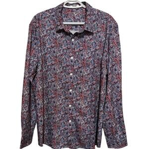 Coofandy Men's Blue Orange Paisley Floral Long Sleeve Button Up Shirt Size L